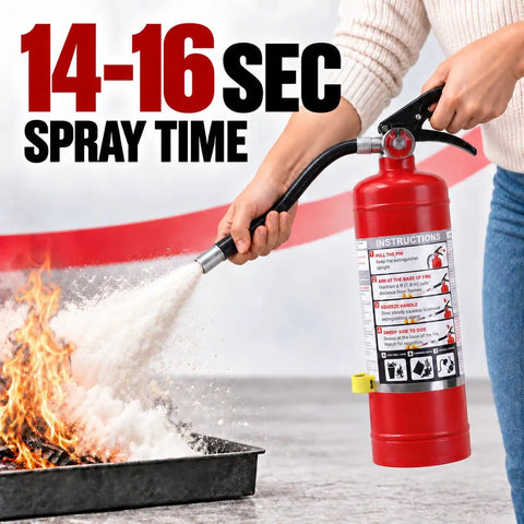 Tough As Nails ABC Dry Chemical Fire Extinguisher 4 Pack Rated 3A 40BC in use to combat fire with powder spray.