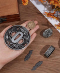 Hand showing Dope Dragon Tsuba Set For Samurai Swords Antique Silver Handguard Kit For Katana Restoration items on table