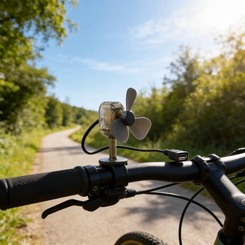 Compact 5W Wind Turbine Portable With LED Light for On The Go Power attached to bicycle handlebar on a sunny path