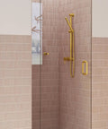 Frameless Shower Door Hinge With Enduroshield Glass Coating In Polished Brass For A 78 Inch Wide Shower Enclosure, 34.75 Inch High Glass Door Hardware, Built To Last With A Smooth Boss-Level Operation. Polished brass hinge on frameless glass shower door