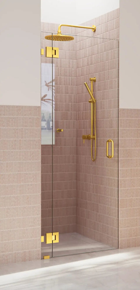 Frameless Shower Door Hinge With Enduroshield Glass Coating In Polished Brass For A 78 Inch Wide Shower Enclosure, 34.75 Inch High Glass Door Hardware, Built To Last With A Smooth Boss-Level Operation. Polished brass hinge on frameless glass shower door