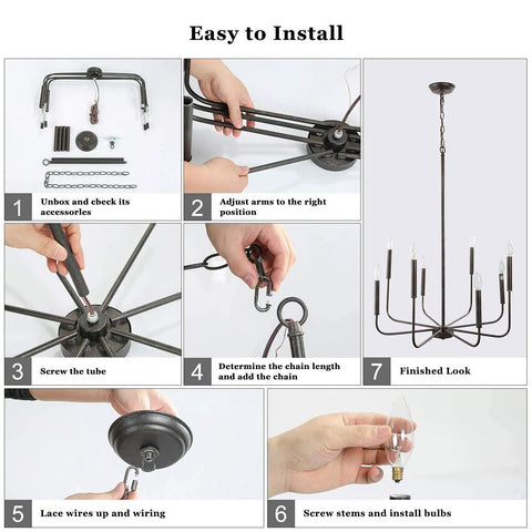 Dining Room Chandelier Lighting Fixture With Rustic Black Finish And White Specks, 26 Inch Diameter, Candle Style Pendant Light, Dimmable, Easy Install With Mounting Hardware Included, installation steps diagram.