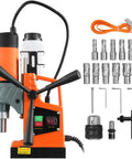 Beefy 1450W Magnetic Drill Press Delivers Dead Tight Grip And Lightning Fast Cutting For Serious Metal Fabrication Comes Loaded With Top Shelf Eleven Piece Bit Kit, showing drill components and bits.