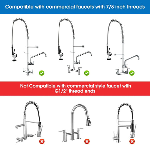 Image displaying compatibility for Built Different Commercial Sink Sprayer With 45 Inch Flexible Stainless Pre Rinse Hose and faucets.
