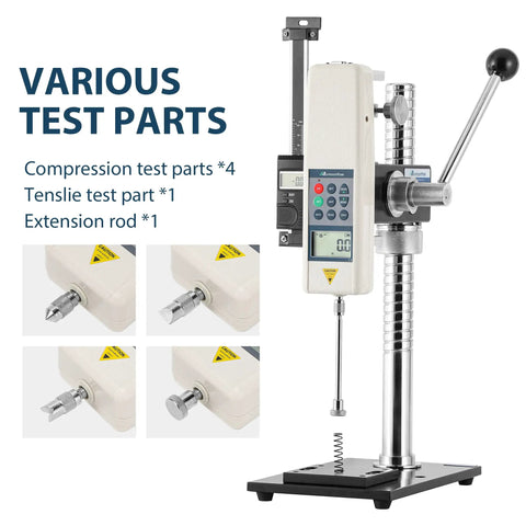 Beefy Digital Force Gauge With Lever Operated Test Stand, 70mm Stroke, Adjustable Mounting Plate From 3.9 To 12.6 Inches And Gauge Bottom Height From 1.5 To 10.2 Inches, HPB Precision Testing Tool For Serious Accuracy, with test parts