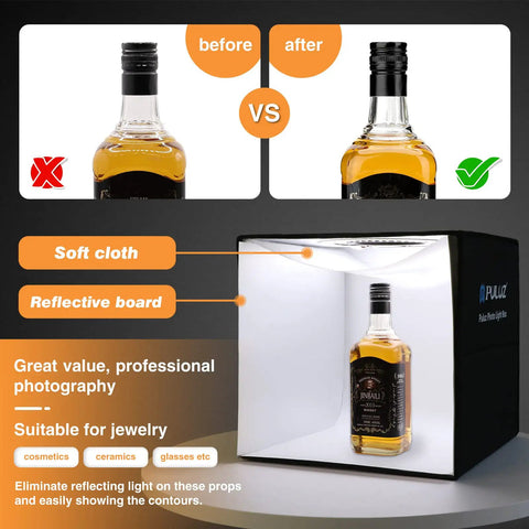 Comparison of product photography before and after using 12X12 Photo Studio Light Box With 120 Led Beads, High Cri Ring Light Board.