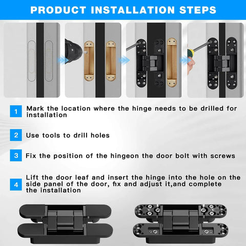 Installation guide for Hidden Door Hinges 6 Inch Heavy Duty 2 Pack Concealed 3D Adjustable Butt Hinges with 180 Degree Swing