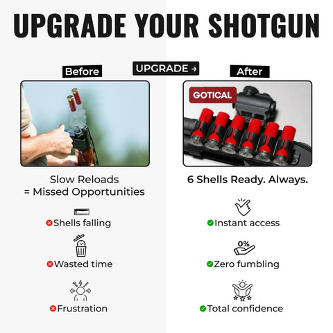 Comparison showing before and after using Receiver Mounted Side Saddle Shotgun Shell Carrier For Mossberg 500 590 Shockwave Maverick 88.