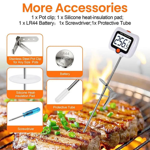 Instant Read Candy Thermometer With Pot Clip For Cooking, Baking, Candy And Cheese Making, 10 Inch Probe, accessories shown.