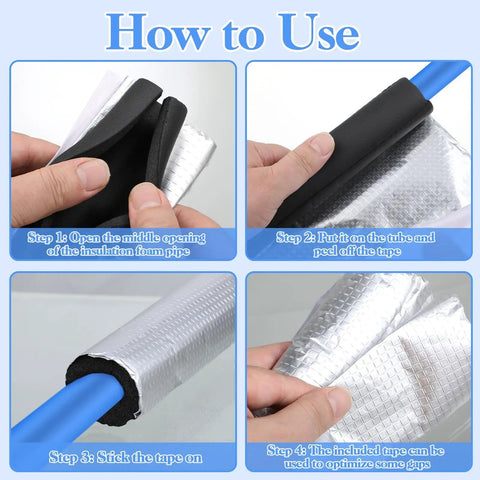 Step-by-step use of 8 Pcs Self Adhering Pipe Insulation Foam Tubes For Winter Weather Keeps Outdoor Pipes Warm And Easy To Wrap.