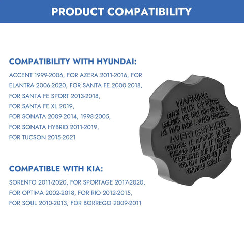 Hyundai And Kia Brake Master Cylinder Reservoir Cap Replacement No-Fuss Leak-Proof Direct Fit For Accent Elantra Sonata Tucson Santa Fe Optima Sorento Soul Sportage, showing cap design and compatibility list.