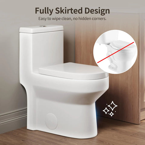 Space Saver Compact One Piece Skirted Toilet With Dual Flush Game Changer For Cramped Baths, Splash Free Quiet Flush, Foolproof 12 Inch Rough In Setup, Heavy Duty Round Bowl For Daily Use