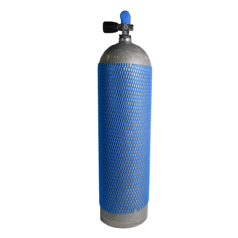 Blue Tank Mesh Cover Protective Sleeve For Dive Cylinders, Universal Fit With Custom Length Trim on a scuba tank