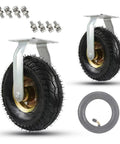2 Pack Heavy Duty Inflatable Rubber Trolley Wheels With Swivel Caster Design For Zero Roll Resistance And Pro Grade Load Bearing Support Built Like A Boss To Handle Any Rough Job Smoothly with silver mounting brackets.