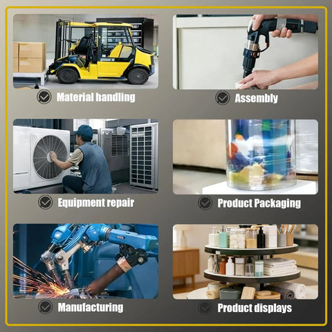 Collage showing forklift, drill, HVAC repair, packaging, welding, and rotating display related to Heavy Duty Industrial Bearing Plate Turntable for Workstations and Displays, Kingpinless, Greaseable Ball Bearing Swivel Plate With 5500 Lbs Capacity, 6.3 x 4.53 Inch Platform, Pre Drilled Mounting Holes