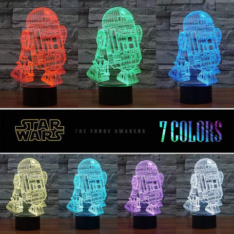 R2-D2 design from Lit 3 Pattern 16 Colors 3D Night Light Illusion Lamp with Laser Etched Optical Acrylic Plate and 10 LED Uplights.