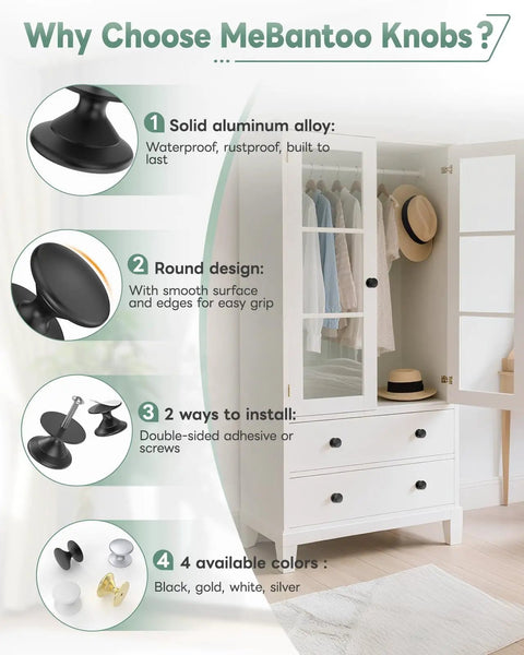 2 Pack Adhesive Drawer Knobs For Cabinets Black Rust Resistant Aluminum Alloy Stick On Pull Handles With Smooth Rounded Grip No Drill Needed Easy Install Strong Hold Modern Kitchen And Furniture Upgrade, black aluminum round knob on white cabinet