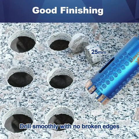1-1/2 Inch Laser Welded Diamond Core Drill Bit With 5/8-11 Thread For Granite Marble Stone Reinforced Concrete Dry Or Wet Drilling Plus Adapter Included shown drilling clean holes in granite