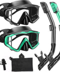 All In One Snorkel Mask Set For Adults Kids And Teens With 180 Degree Field Of View Leak Proof Fog Proof Dive Mask Goggles Auto Adjust Buckle Comfortable Anti Fog Lenses For Underwater Exploration And Family Fun, showing two full-face masks with snorkels and accessories.