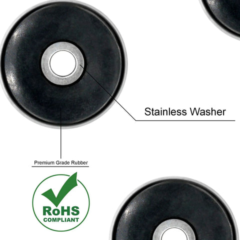 Close-up of Non Slip Rubber Feet with Stainless Washer and Screws 1 Inch Black Round, highlighting RoHS compliance.