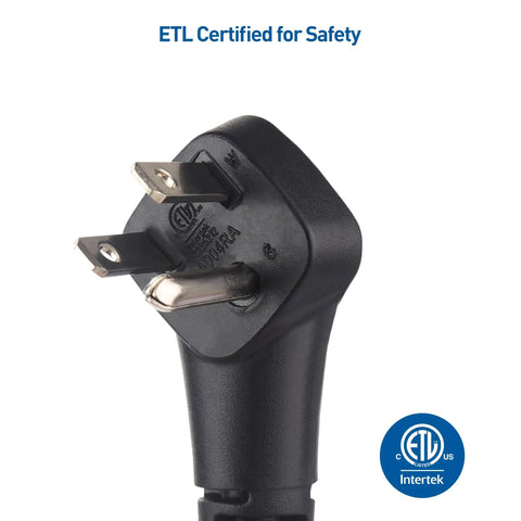 Close-up of plug from Heavy Duty Short Power Extension Cord 1 Foot, 14AWG 15A, Low Profile Plug, Black, ETL certified for safety.