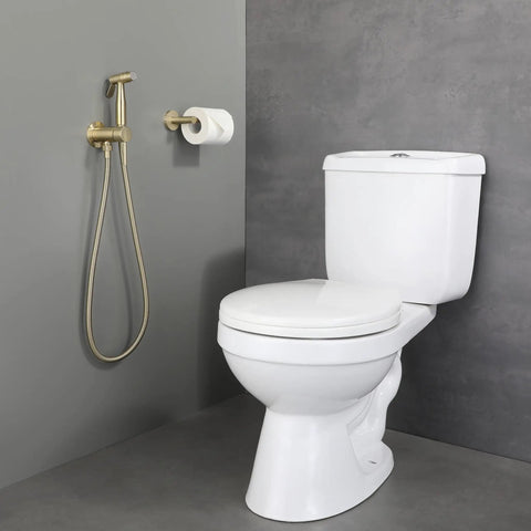 Brushed Gold Handheld Bidet Sprayer For Toilet With Warm Water Stainless Steel Shower Set mounted next to toilet