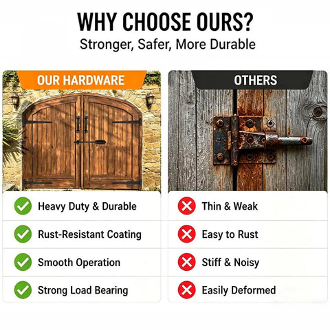 Heavy Duty Wood Fence Gate Hardware Kit With 2 T Strap Hinges, Sliding Gate Latch, 2 Gate Handles, Black Finish, Built To Last, Rust Resistant And Weatherproof, 16 Inch Outdoor Gate Set For Yard Barn Shed showing hardware comparison on wood gate
