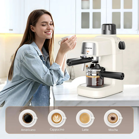 Level Up Your Daily Coffee Grind With This Top Shelf Compact Espresso Machine, white, on counter.