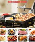 Stove Top Griddle 22 Inch Two Burner Large Grill Pan Nonstick Aluminum With Handles, cooking food on a kitchen stovetop.