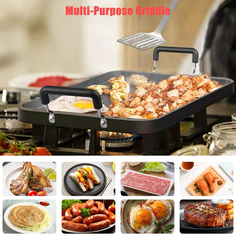Stove Top Griddle 22 Inch Two Burner Large Grill Pan Nonstick Aluminum With Handles, cooking food on a kitchen stovetop.