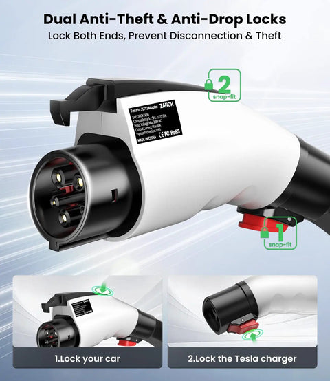 Road Trip Ready Tesla To J1772 Adapter 60 Amp 250 Volt Nacs Connector with dual anti-theft locks and locking mechanism.