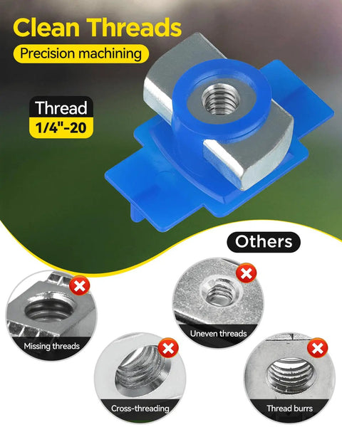Top Shelf Pro Grade Heavy Duty Reliable Nylon Channel Squeeze Nut 1 4 20 Strut Channel Mounting Fastener showing clean threads and blue design.