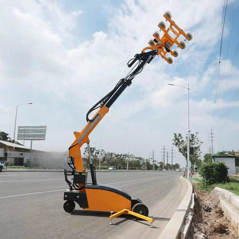 Electric Hydraulic Robot Glass Lifter With Kickass Suction Grips For Heavy Marble Slabs And Big Glass Panels Making Tough Builds A Total Breeze On Site Every Time, adjustable arm in action.