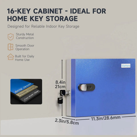 Image of a blue 16 Key Wall Mounted Lock Box With Three Digit Combination Lock And Backup Key, Key Organizer For secure home use.