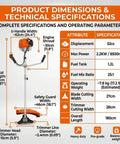 Gas Powered 52cc 2 Stroke Beast Of A Brush Cutter With 3 Tooth Blade And String Trimmer U Handle, technical specifications chart