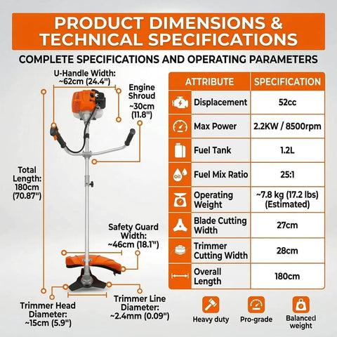 Gas Powered 52cc 2 Stroke Beast Of A Brush Cutter With 3 Tooth Blade And String Trimmer U Handle, technical specifications chart