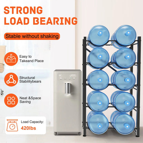 Heavy Duty 5 Gallon Water Jug Rack No Nonsense Detachable 5 Tier Double Row Stand That Holds 10 Bottles for Office Use