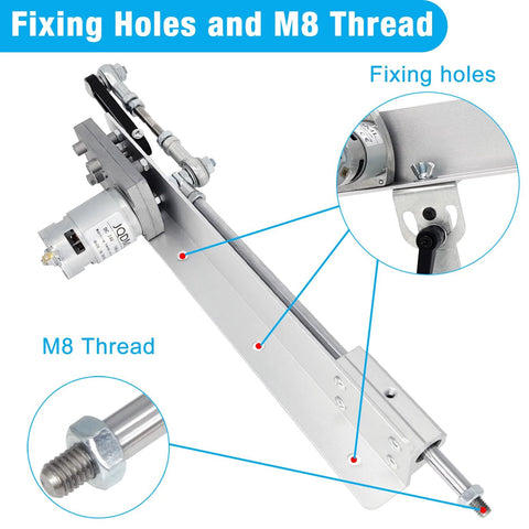 Side view of a 24V reciprocating linear actuator with aluminum mounting plate and M8 threaded rod.