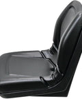 Side view of KM 225 Black Vinyl 19 Inch Bucket Seat with heavy duty vinyl cover and ergonomic cushions for outdoor utility vehicles.