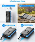 All-In-One Solar Power Bank 49800mAh With 4 Built-In Cables And 3 Foldable Panels showing 4 recharging methods