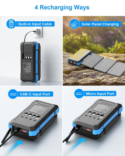 All-In-One Solar Power Bank 49800mAh With 4 Built-In Cables And 3 Foldable Panels showing 4 recharging methods