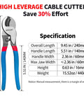 Heavy Duty 10 Inch Cable Cutter With High Leverage Handles designed for thick copper wire, showcasing specifications and measurements.