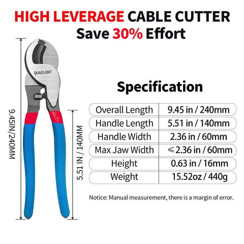 Heavy Duty 10 Inch Cable Cutter With High Leverage Handles designed for thick copper wire, showcasing specifications and measurements.