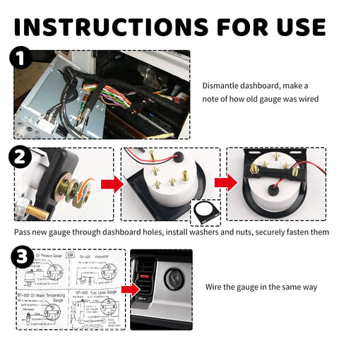 Installation guide for 2 Inch 52mm 12V Fuel Gauge With E-1/2-F Pointer Dash, Universal 240-33 Ohm Gas Gauge Kit Includes Bracket And Nuts