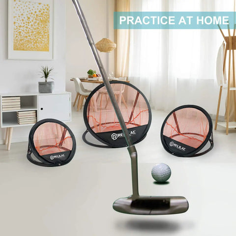 Pop Up Golf Chipping Practice Net Set For Indoor And Outdoor Use With 12 18 24 Inch Targets shown in a living room with putter