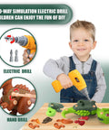 Child using drill on Take Apart Dinosaur Building Kit With Electric Drill For Kids Ages 3 4 5 6 7, STEM Construction Toys For Boys And Girls, DIY Hands On Dino Set Includes Tyrannosaurus Rex Triceratops Velociraptor, Realistic Textures And Educational Play.