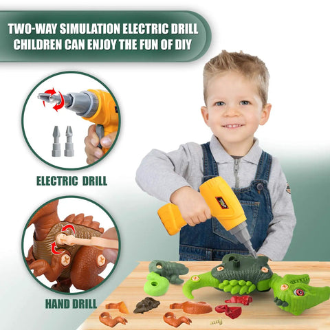 Child using drill on Take Apart Dinosaur Building Kit With Electric Drill For Kids Ages 3 4 5 6 7, STEM Construction Toys For Boys And Girls, DIY Hands On Dino Set Includes Tyrannosaurus Rex Triceratops Velociraptor, Realistic Textures And Educational Play.