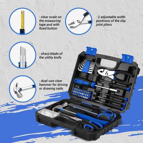 Heavy Duty 50 Piece Household Hand Tool Kit With Sturdy Storage Case And All Purpose Home Repair Essentials, Campus Ready For Quick Fixes, Office Maintenance, And No Sweat DIY Projects, Blue