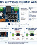 12V to 36V DC Low Voltage Cutoff Module With Programmable Battery Protector And LED Display, Plug And Play Ready Low Voltage Disconnect Switch For 12V 24V 36V Solar, RV, Car, And Boat Battery Systems, 2 Pack module diagram with relay, display, and set buttons