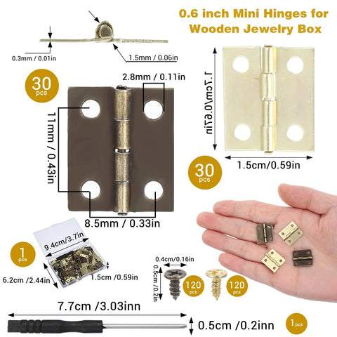 Image of 60 Sets Mini Hinges With Screws Kit For DIY Projects 0.6 Inch 270 Degree Folding Iron Hinges In Gold And Bronze with screws, screwdriver, and storage box.